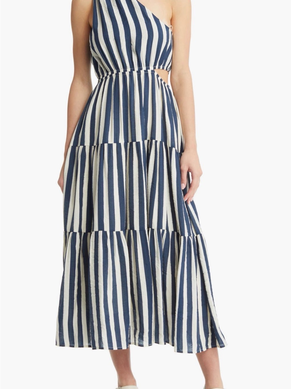Moon River Navy and White One-Shoulder Striped Tiered Maxi Dress
